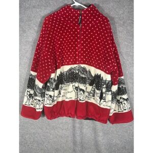 Vintage Denali Fleece Jacket Red Husky Dog Sled Scene Full Zip Mountain Print L